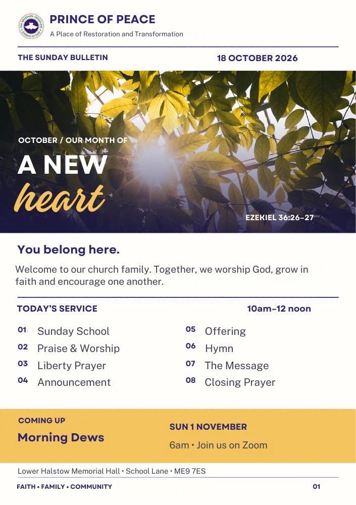 Cover of the 18 October 2026 Prince of Peace bulletin — A New Heart
